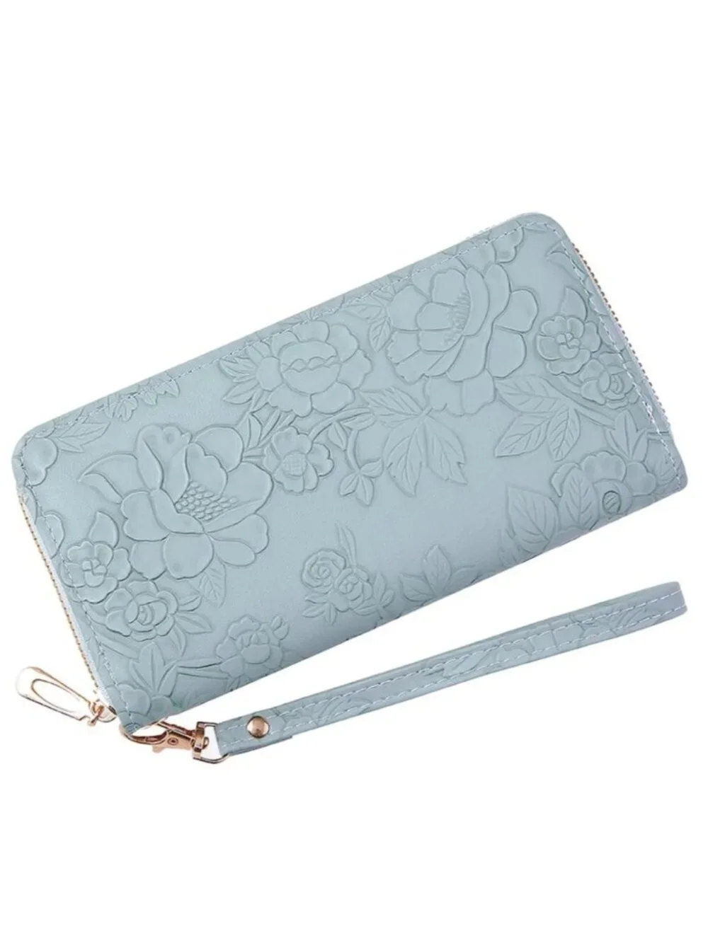 PU Leather Blue Floral Embossed Wallet With Wristlet Strap Zipper Closure Multip